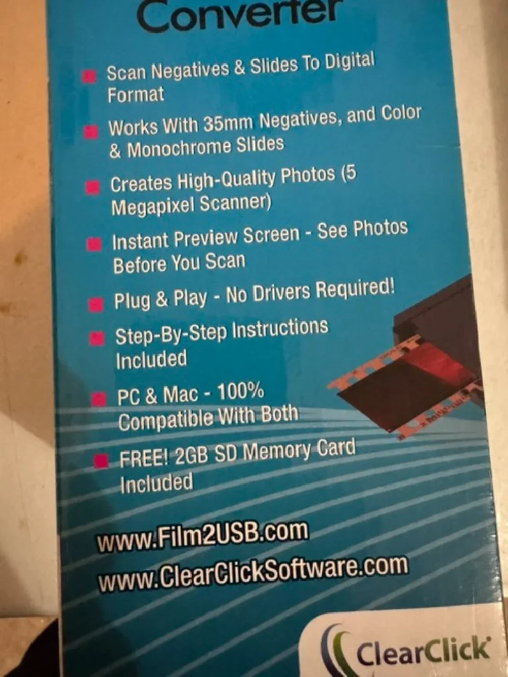 BNIB Sealed ClearClick Film to USB Converter with SD Memory Card